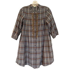 CLAUDIE PIERLOT Plaid Ruffle Collar Shirt Dress Women's 2 Blue Preppy Academia